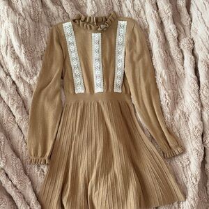 Janie and Jack Camel Knit Dress with Ivory Lace Panels